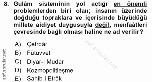 8. soru: Gulâm sisteminin yol açtığı en önemli problemlerden biri olan; insanın üzerinde doğduğu topraklara ve içerisinde büyü…