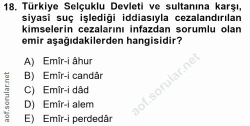 18. soru: Türkiye Selçuklu Devleti ve sultanına karşı, siyasî suç işlediği iddiasıyla cezalandırılan kimselerin cezalarını infa…
