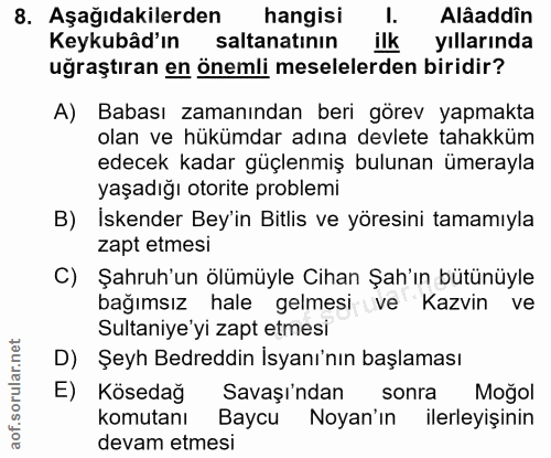 8. soru: Aşağıdakilerden hangisi I. Alâaddîn Keykubâd'ın saltanatının ilk yıllarında uğraştıran en önemli meselelerden biridir…