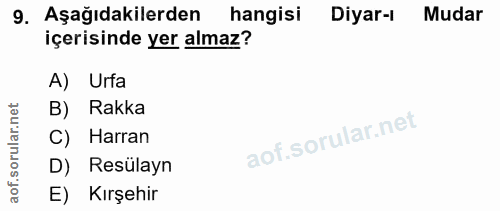 9. soru: Aşağıdakilerden hangisi Diyar-ı Mudar içerisinde yer almaz? A) Urfa B) Rakka C) Harran D) Resülayn E) Kırşehir