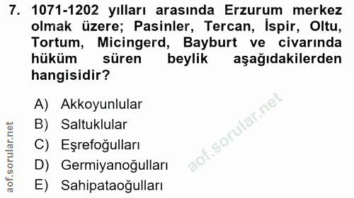 7. soru: 1071-1202 yılları arasında Erzurum merkez olmak üzere; Pasinler, Tercan, İspir, Oltu, Tortum, Micingerd, Bayburt ve c…