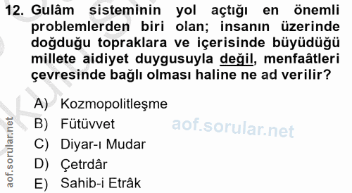 12. soru: Gulâm sisteminin yol açtığı en önemli problemlerden biri olan; insanın üzerinde doğduğu topraklara ve içerisinde büyü…