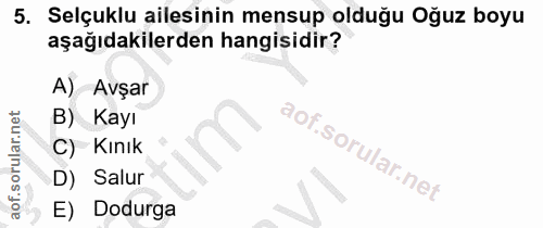 5. soru: Selçuklu ailesinin mensup olduğu Oğuz boyu aşağıdakilerden hangisidir? A) Avşar B) Kayı C) Kınık D) Salur E) Dodurga