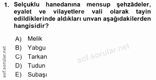 1. soru: Selçuklu hanedanına mensup şehzâdeler, eyalet ve vilayetlere vali olarak tayin edildiklerinde aldıkları unvan aşağıda…