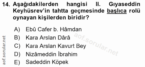 14. soru: Aşağıdakilerden hangisi II. Gıyaseddin Keyhüsrev'in tahtta geçmesinde başlıca rolü oynayan kişilerden biridir? A) Ebû…