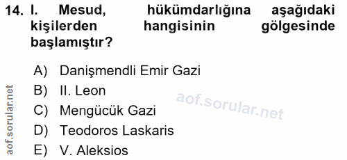 14. soru: l. Mesud, hükümdarlığına aşağıdaki kişilerden hangisinin gölgesinde başlamıştır? A) Danişmendli Emir Gazi B) II. Leon…