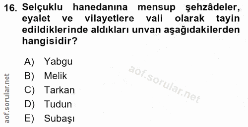 16. soru: Selçuklu hanedanına mensup şehzâdeler, eyalet ve vilayetlere vali olarak tayin edildiklerinde aldıkları unvan aşağıda…