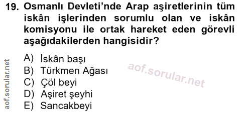 19. soru: Osmanlı Devleti'nde Arap aşiretlerinin tüm iskân işlerinden sorumlu olan ve iskân komisyonu ile ortak hareket eden gö…