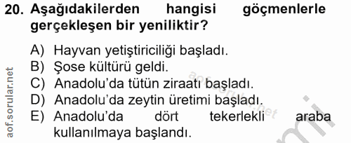 20. soru: Aşağıdakilerden hangisi göçmenlerle gerçekleşen bir yeniliktir? A) Hayvan yetiştiriciliği başladı. B) Şose kültürü ge…