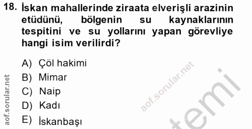18. soru: Iskan mahalleinde ziraata elverişli arazinin etüdünü, bölgenin su kaynaklarının tespitini ve su yollarını yapan görev…
