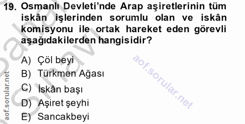 19. soru: Osmanlı Devleti'nde Arap aşiretlerinin tüm iskân işlerinden sorumlu olan ve iskân komisyonu ile ortak hareket eden gö…