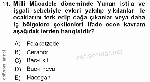 11. soru: Milli Mücadele döneminde Yunan istila ve işgali sebebiyle evleri yakılıp yıkılanlar ile ocaklarını terk edip dağa çık…