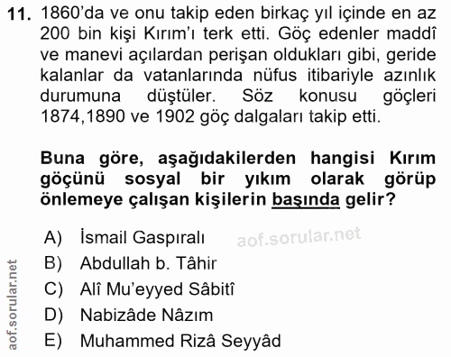 11. soru: 1860'da ve onu takip eden birkaç yıl içinde en az 200 bin kişi Kırım'ı terk etti. Göç edenler maddi ve manevi açılard…