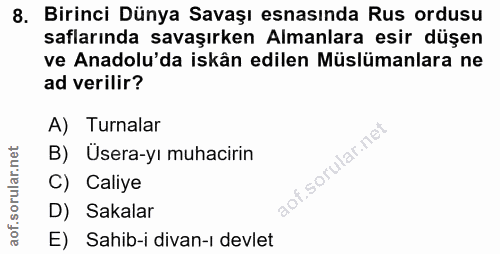 8. soru: Birinci Dünya Savaşı esnasında Rus ordusu saflarında savaşırken Almanlara esir düşen ve Anadolu'da iskân edilen Müslü…