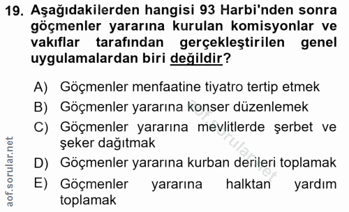 19. soru: Aşağıdakilerden hangisi 93 Harbi'nden sonra göçmenler yararına kurulan komisyonlar ve vakıflar tarafından gerçekleşti…
