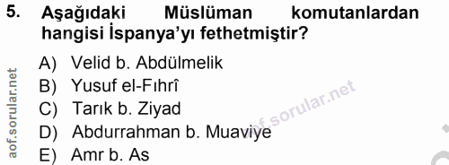 5. soru: Aşağıdaki Müslüman komutanlardan hangisi İspanya'yı fethetmiştir? A) Velid b. Abdülmelik B) Yusuf el-Fihri C) Tarık b…