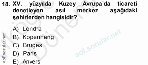 18. soru: XV. yüzyılda Kuzey Avrupa'da ticareti denetleyen asıl merkez aşağıdaki şehirlerden hangisidir? A) Londra B). Kopenhan…