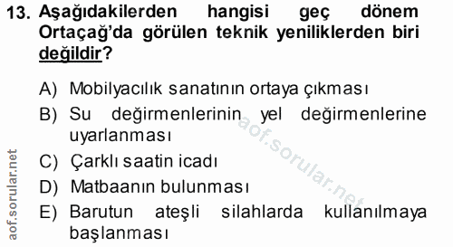 13. soru: Aşağıdakilerden hangisi geç dönem Ortaçağ'da görülen teknik yeniliklerden biri değildir? A) Mobilyacılık sanatının or…