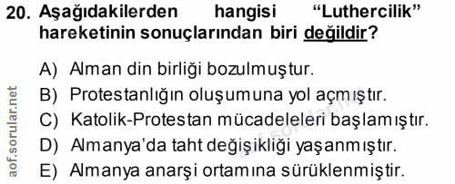 20. soru: Aşağıdakilerden hangisi "Luthercilik" hareketinin sonuçlarından biri değildir? A) Alman din birliği bozulmuştur. B) P…