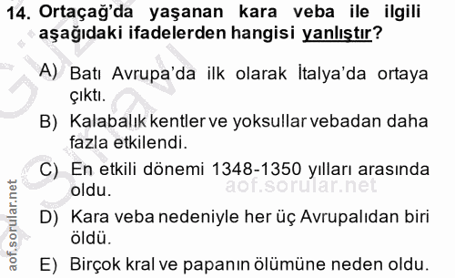 14. soru: Ortaçağ'da yaşanan kara veba ile ilgili aşağıdaki ifadelerden hangisi yanlıştır? A) Batı Avrupa'da ilk olarak İtalya'…