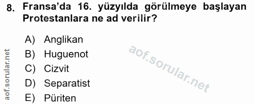 8. soru: Fransa'da 16. yüzyılda görülmeye başlayan Protestanlara ne ad verilir? A) Anglikan B) Huguenot C) Cizvit D) Separatis…