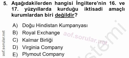 5. soru: Aşağıdakilerden hangisi İngiltere'nin 16. ve 17. yüzyıllarda kurduğu iktisadi amaçlı kurumlardan biri değildir? B) Ro…