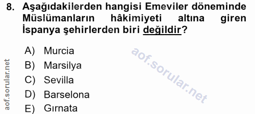 8. soru: Aşağıdakilerden hangisi Emeviler döneminde Müslümanların hâkimiyeti altına giren İspanya şehirlerden biri değildir? A…