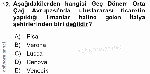 12. soru: Aşağıdakilerden hangisi Geç Dönem Orta Çağ Avrupası'nda, uluslararası ticaretin yapıldığı limanlar haline gelen Italy…
