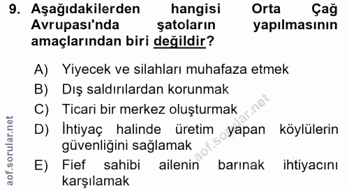 9. soru: Aşağıdakilerden hangisi Orta Çağ Avrupası'nda şatoların yapılmasının amaçlarından biri değildir? A) Yiyecek ve silahl…