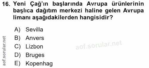 16. soru: Yeni Çağ'ın başlarında Avrupa ürünlerinin başlıca dağıtım merkezi haline gelen Avrupa limanı aşağıdakilerden hangisid…