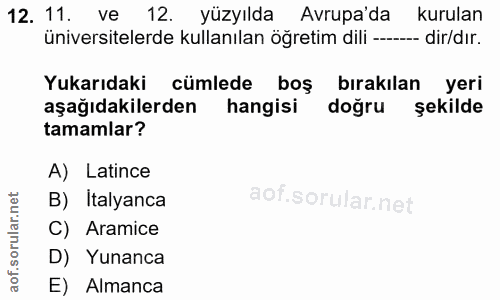 12. soru: 11. ve 12. yüzyılda Avrupada kurulan üniversitelerde kullanılan öğretim dili ------- dir/dır. Yukarıdaki cümlede boş…