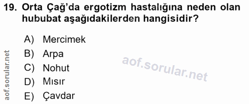 19. soru: Orta Çağ'da ergotizm hastalığına neden olan hububat aşağıdakilerden hangisidir? A) Mercimek B) Arpa C) Nohut D) Mısır…