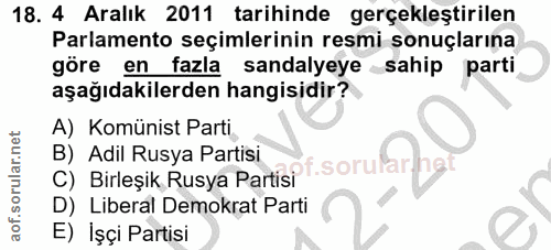 18. soru: 4 Aralık 2011 tarihinde gerçekleştirilen Parlamento seçimlerinin resmi sonuçlarına göre en fazla sandalyeye sahip par…