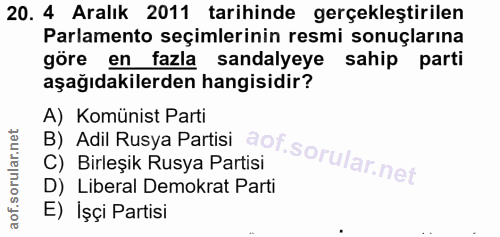 20. soru: 4 Aralık 2011 tarihinde gerçekleştirilen Parlamento seçimlerinin resmi sonuçlarına göre en fazla sandalyeye sahip par…