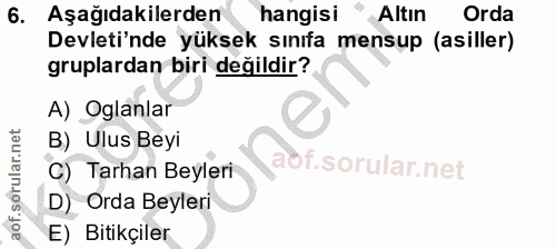 6. soru: Aşağıdakilerden hangisi Altın Orda Devleti'nde yüksek sınıfa mensup (asiller) gruplardan biri değildir? A) Oglanlar B…