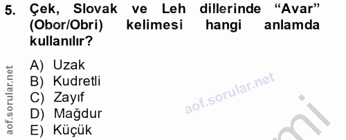 5. soru: Çek, Slovak ve Leh dillerinde "Avar" (Obor/Obri) kelimesi hangi anlamda kullanılır? A) Uzak B) Kudretli C) Zayıf D) M…
