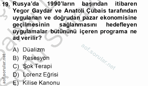 19. soru: Rusya'da 1990'ların başından itibaren Yegor Gaydar ve Anatoli Çubais tarafından uygulanan ve doğrudan pazar ekonomisi…