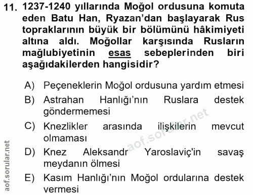 11. soru: 1237-1240 yıllarında Moğol ordusuna komuta eden Batu Han, Ryazan'dan başlayarak Rus topraklarının büyük bir bölümünü…