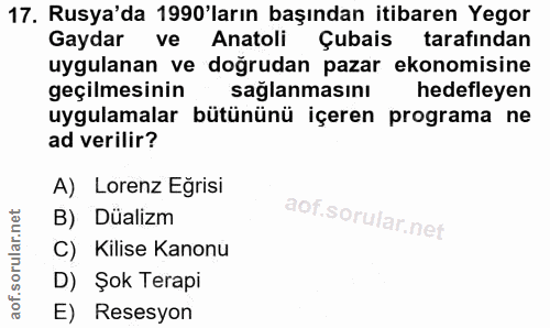 17. soru: Rusya'da 1990'ların başından itibaren Yegor Gaydar ve Anatoli Çubais tarafından uygulanan ve doğrudan pazar ekonomisi…