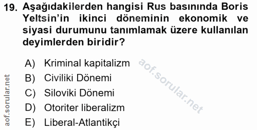 19. soru: Aşağıdakilerden hangisi Rus basınında Boris Yetsin'in ikinci döneminin ekonomik ve siyasi durumunu tanımlamak üzere k…