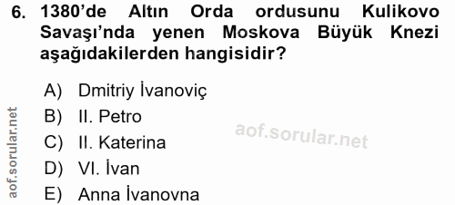6. soru: 1380'de Altın Orda ordusunu Kulikovo Savaşı'nda yenen Moskova Büyük Knezi aşağıdakilerden hangisidir? A) Dmitriy İvan…