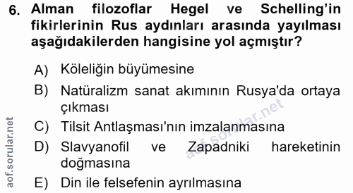 6. soru: Alman filozoflar Hegel ve Schelling'in fikirlerinin Rus aydınları arasında yayılması aşağıdakilerden hangisine yol aç…