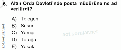 6. soru: Altın Orda Devleti'nde posta müdürüne ne ad verilirdi? A) Telegen rular.net B) Susun C) Yamçı D) Tarağa aof. E) Yasak