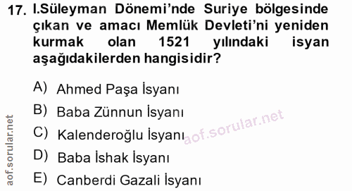 17. soru: .Süleyman Dönemi'nde Suriye bölgesinde çıkan ve amacı Memlük Devleti'ni yeniden kurmak olan 1521 yılındaki isyan aşağ…