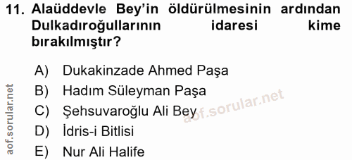 11. soru: Alaüddevle Bey'in öldürülmesinin ardından Dulkadıroğullarının idaresi kime bırakılmıştır? A) Dukakinzade Ahmed Paşa B…