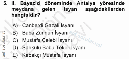 5. soru: II. Bayezid döneminde Antalya yöresinde meydana gelen isyan aşağıdakilerden hangisidir? A) Canberdi Gazali Isyanı B)…