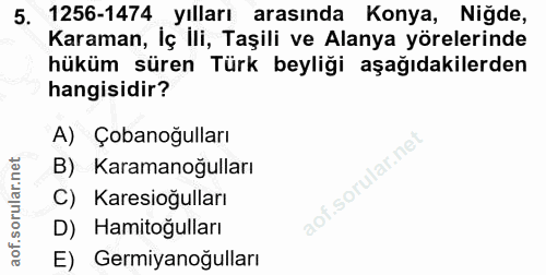5. soru: 1256-1474 , yılları arasında Konya, Niğde, Karaman, İç ili, Taşili ve Alanya yörelerinde hüküm süren Türk beyliği aşa…