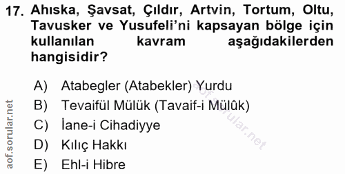 17. soru: Ahıska, Şavsat, Çıldır, Artvin, Tortum, Oltu, Tavusker ve Yusufli'ni kapsayan bölge için kullanılan kavram aşağıdakil…