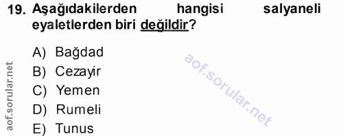 19. soru: Aşağıdakilerden hangisi salyaneli eyaletlerden biri değildir? A) Bağdad B) Cezayir C) Yemen D) Rumeli E) Tunus