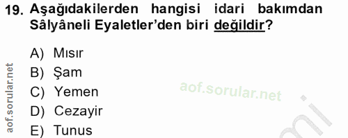 19. soru: Aşağıdakilerden hangisi idari bakımdan Sâlyâneli Eyaletler'den biri değildir? A) MIsır B) Şam C) Yemen D) Cezayir E)…